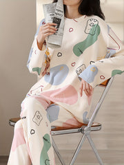 Bear Print Pajama Set Long Sleeve Crew Neck Top & Pants