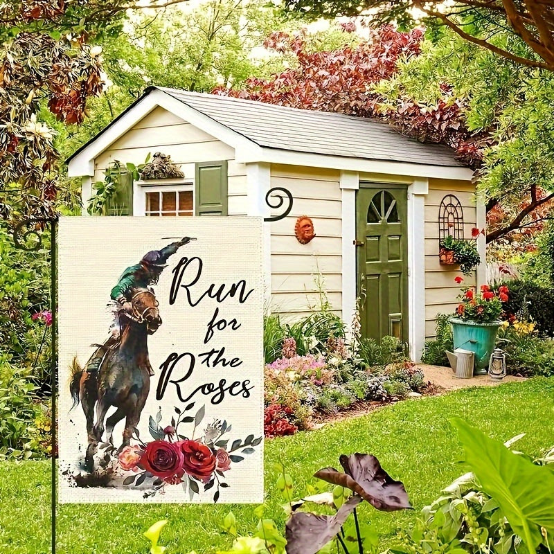 Run For The Roses Horse Race Garden Flag - Burlap Yard Decoration