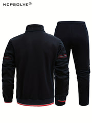 Men's Striped Sports Suit Stand Collar Jacket & Stretch Pants