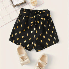 Girls Golden Polka Dots Print Bow Belted Shorts for Summer
