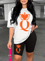 Crowned Q Print Matching Set Casual Short Sleeve T shirt & Biker Shorts