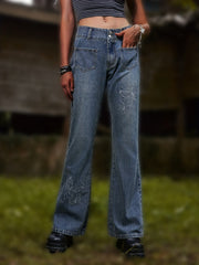Butterfly Embroidery Flare Leg Jeans Bell Bottoms Denim Pants