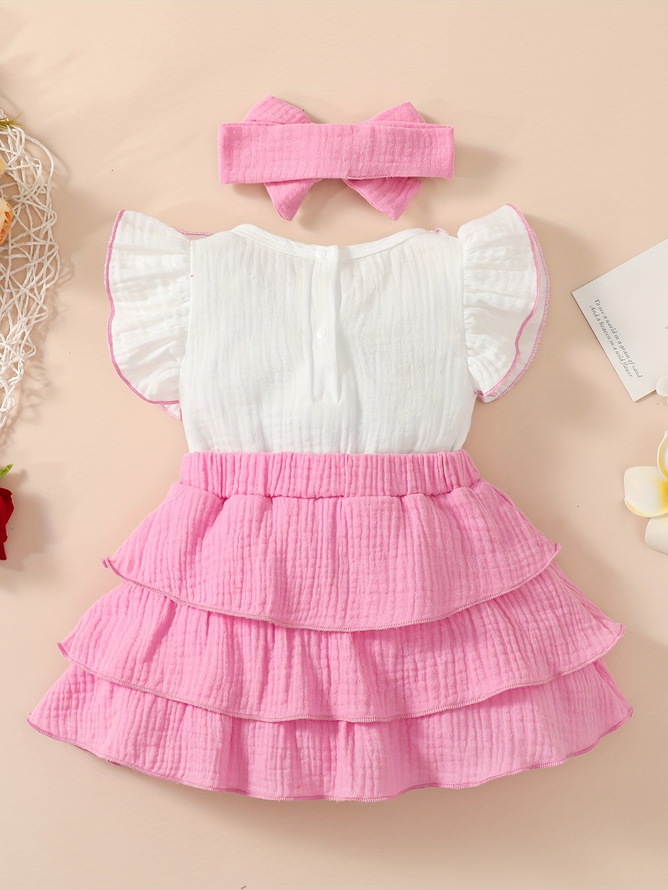 2pcs Baby Girls Bowknot Ruffle Sleeve Dress & Headband Set
