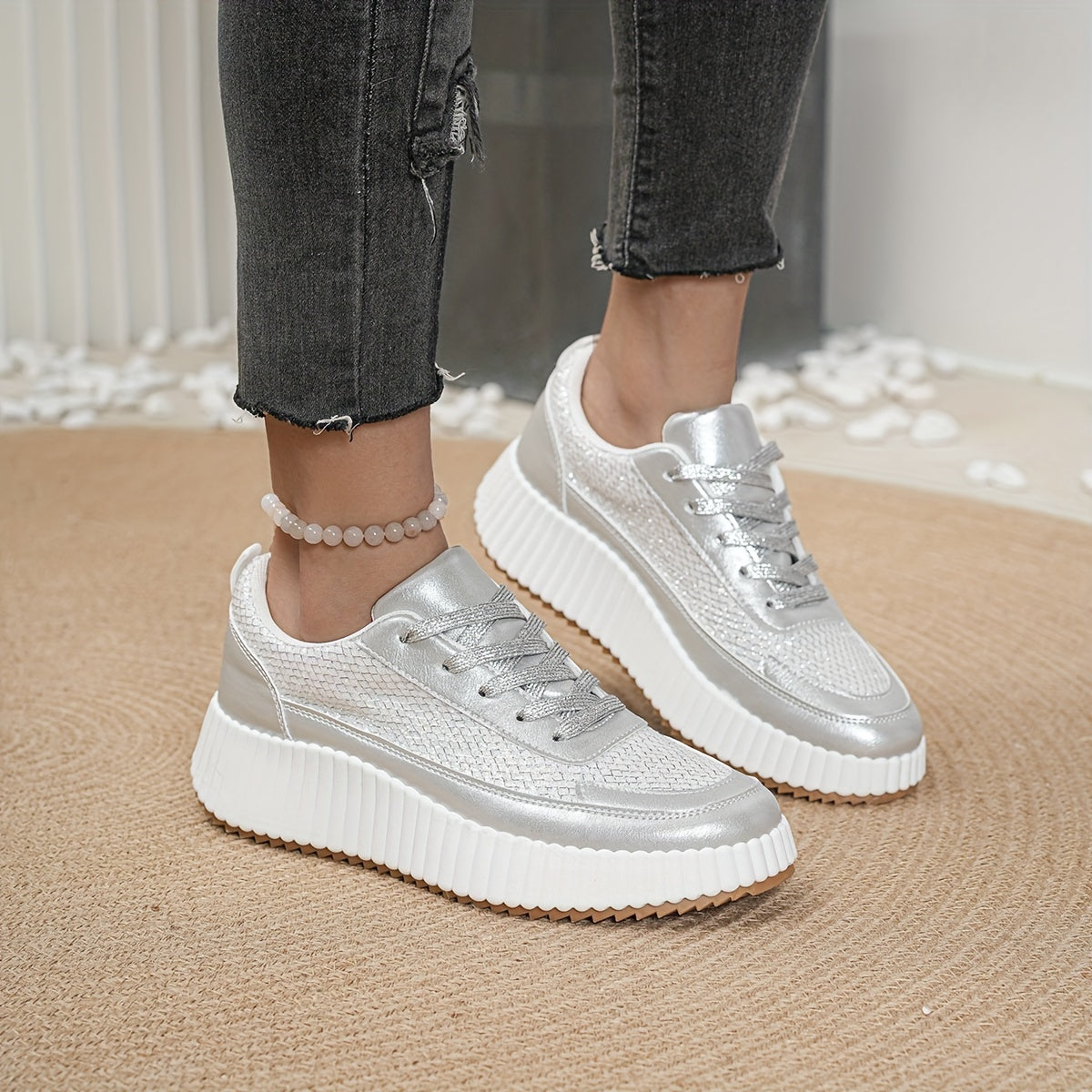 Women's Non Slip Platform Sneakers Breathable Lace Up Comfort Shoes