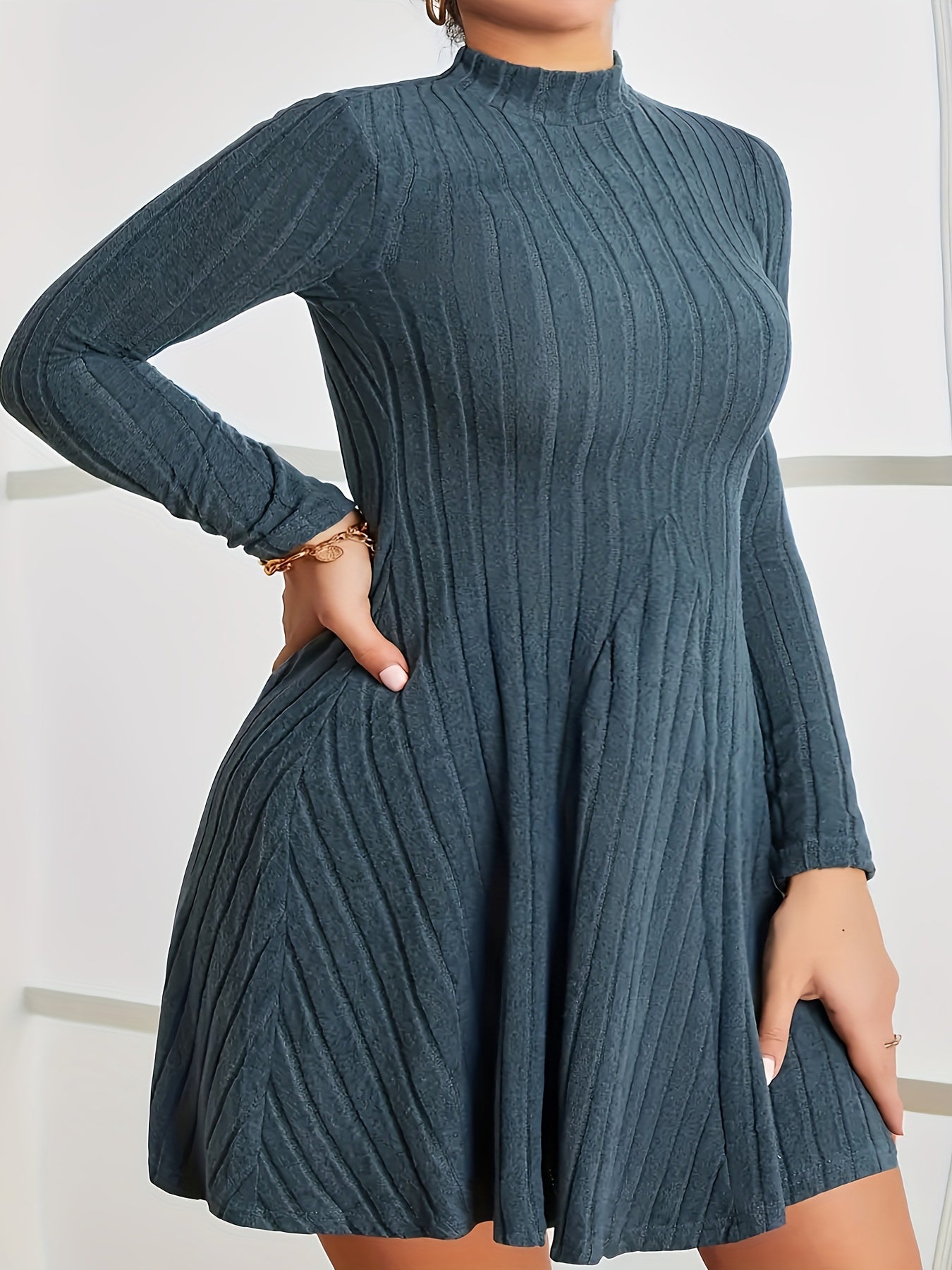 Solid Long Sleeve High Neck Stretch Dress
