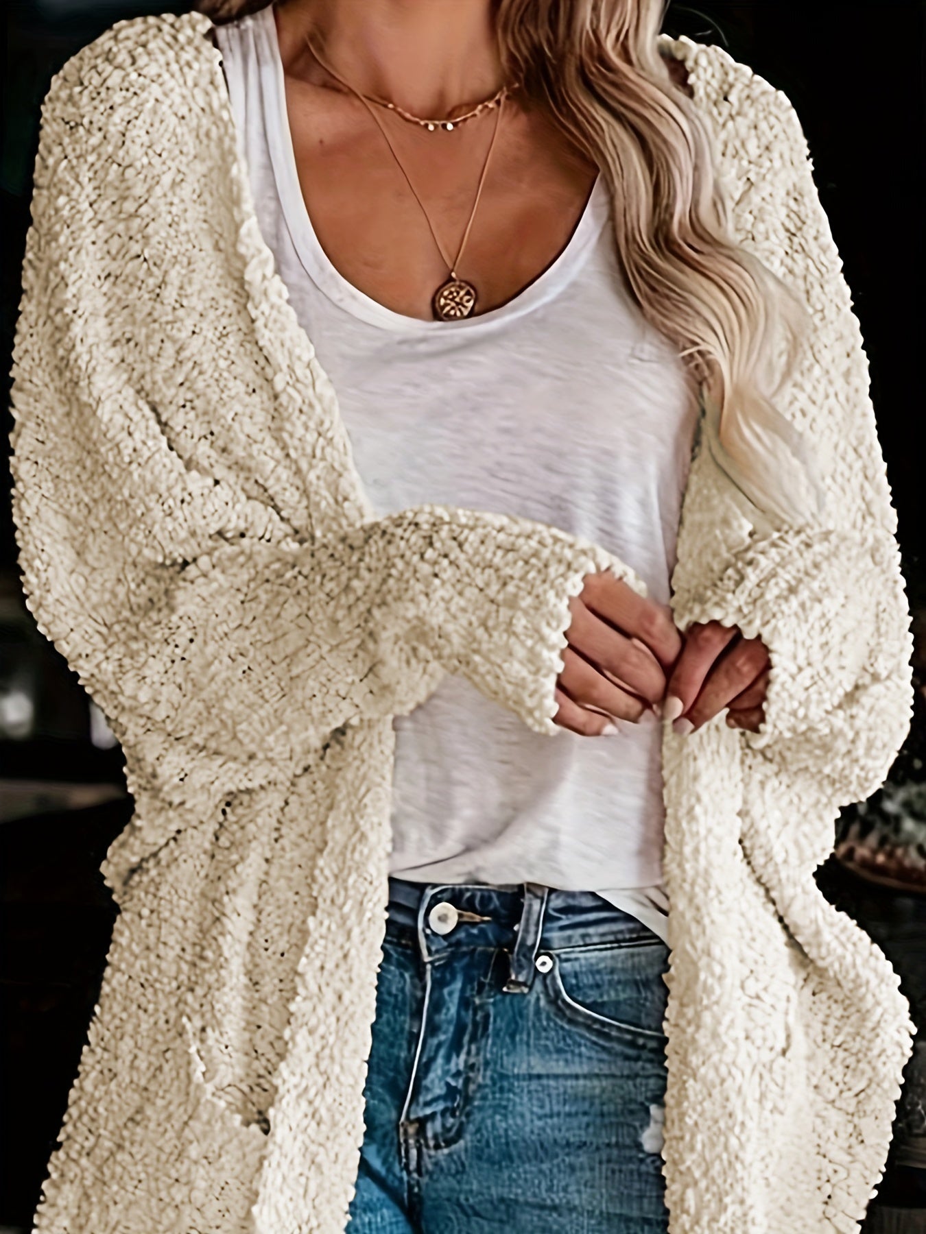 Casual Cardigan Women's Plus Solid Popcorn Long Sleeve Open Front