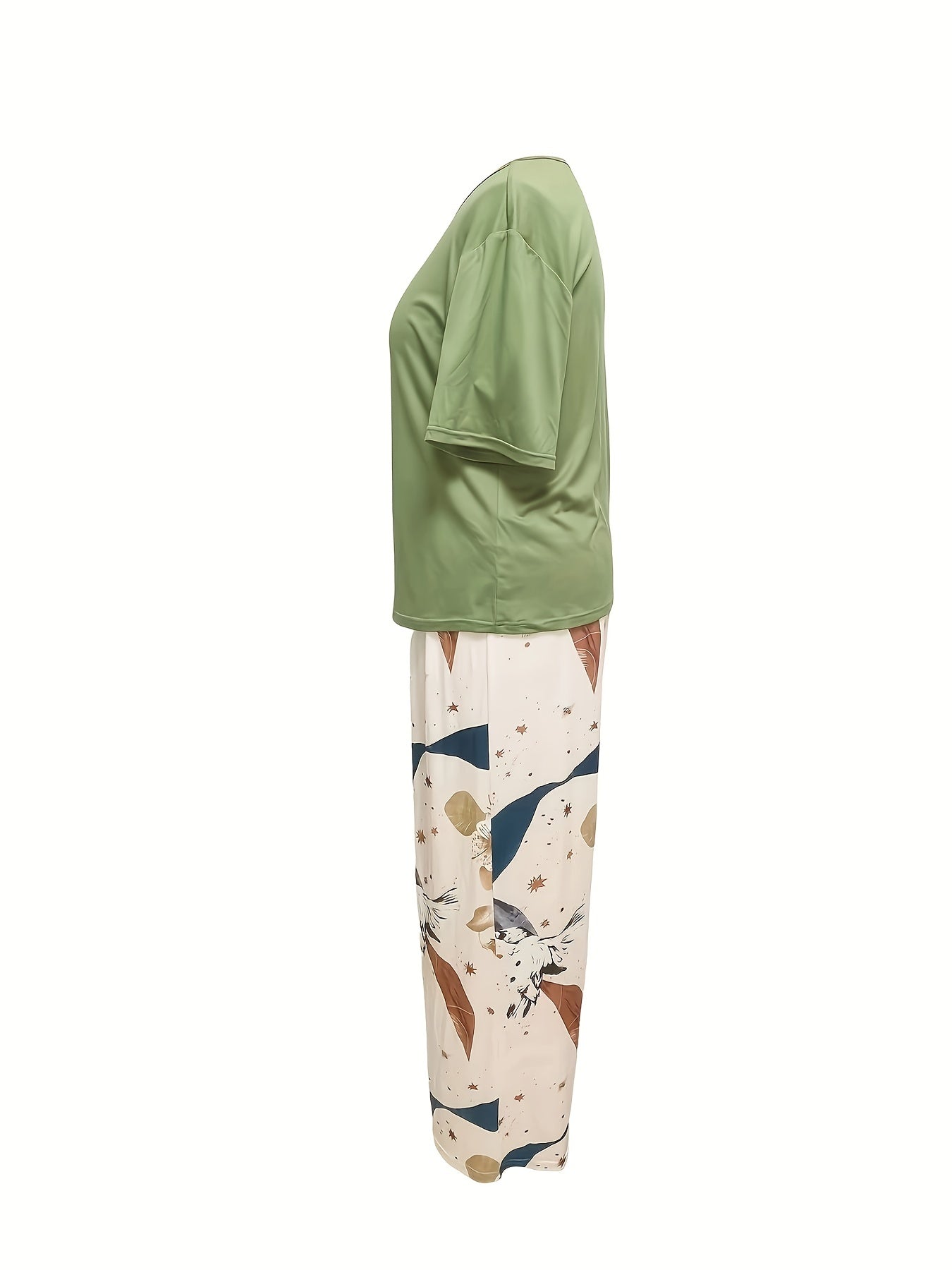 Floral Print Lounge Set Short Sleeve Top & Lace Up Pants Women's Loungewear