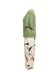 Floral Print Lounge Set Short Sleeve Top & Lace Up Pants Women's Loungewear