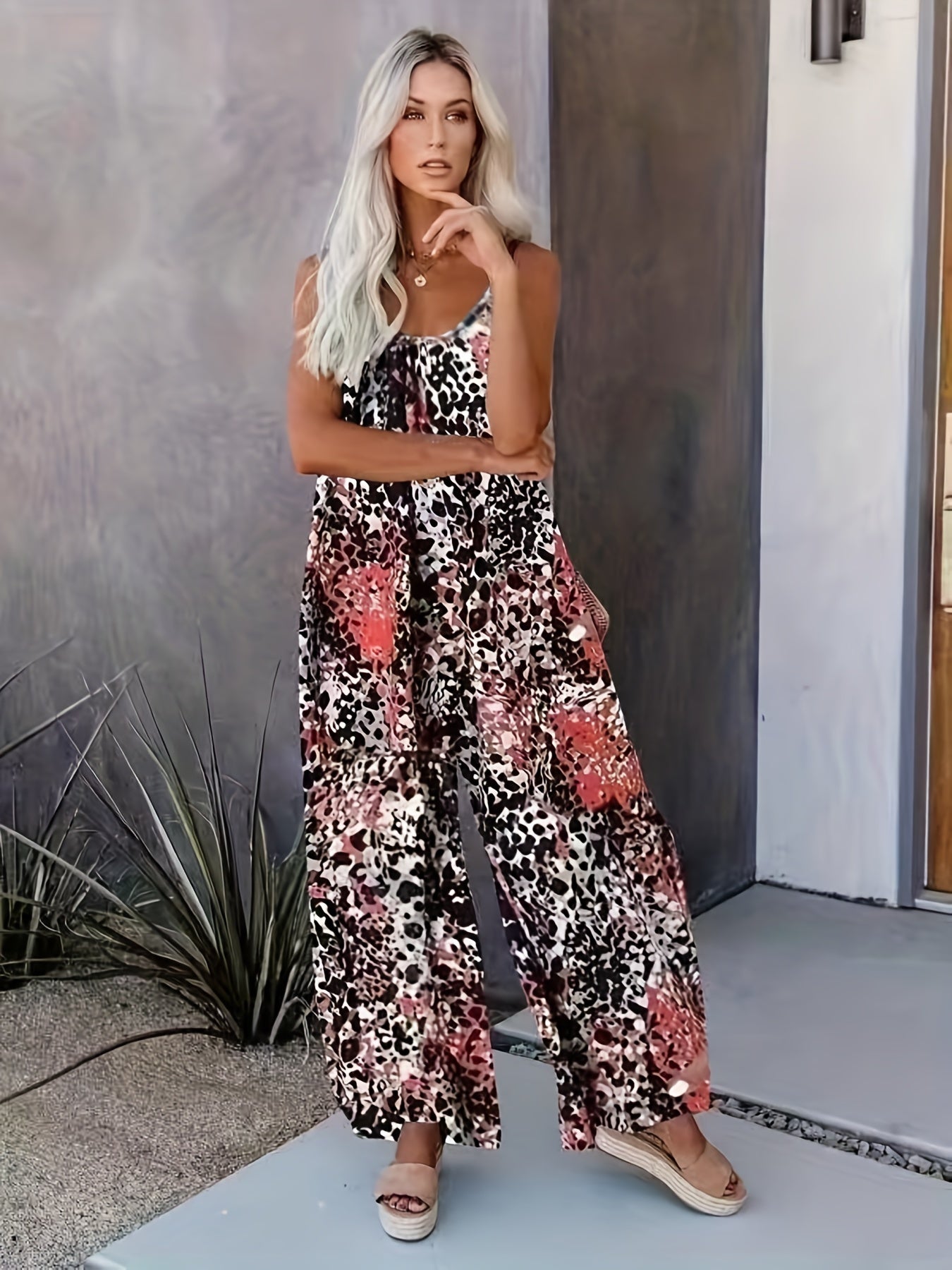 Leopard Print V Neck Cami Jumpsuit