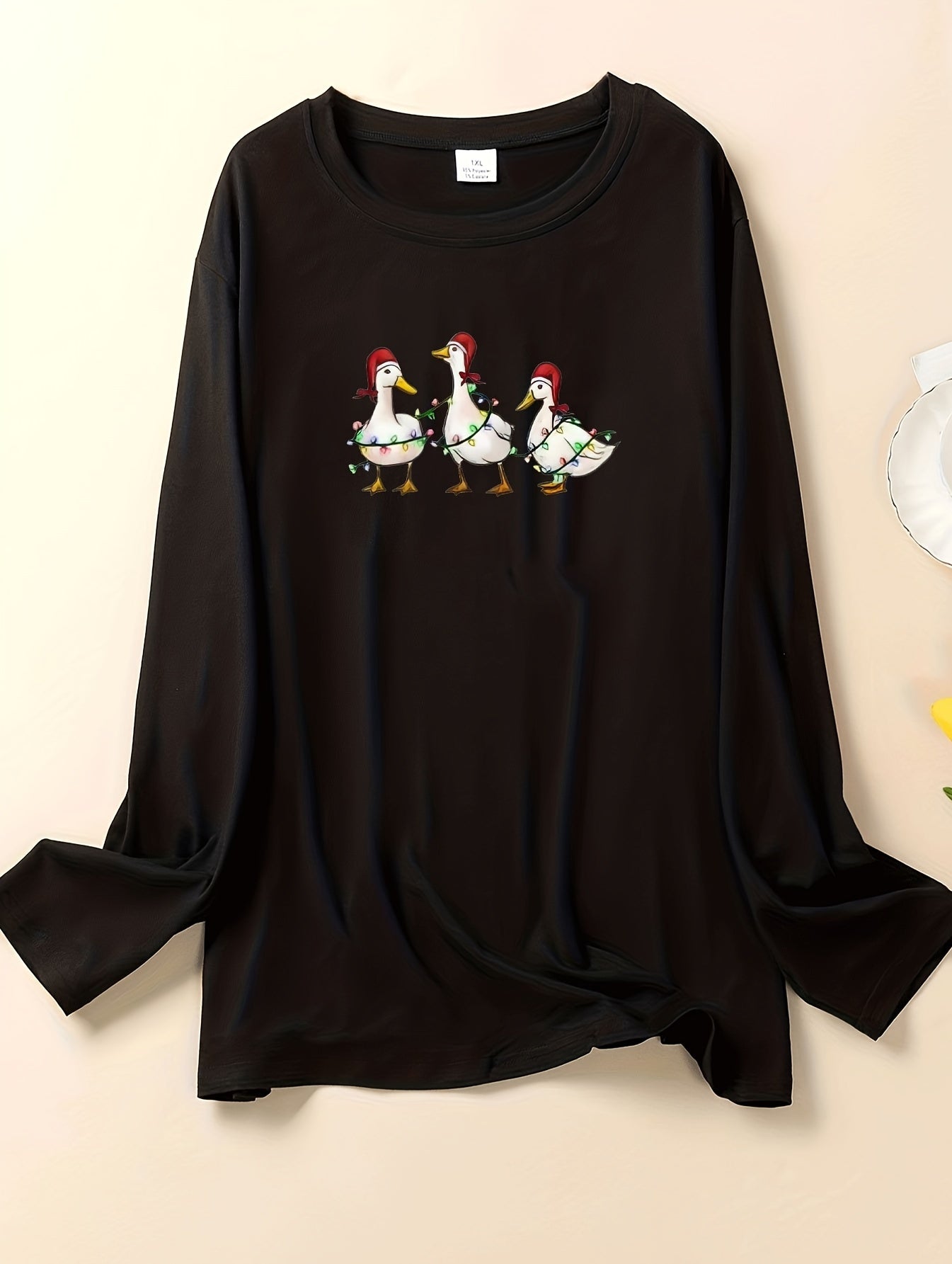Women's Plus Christmas Lounge Top: Goose & String Lights Print