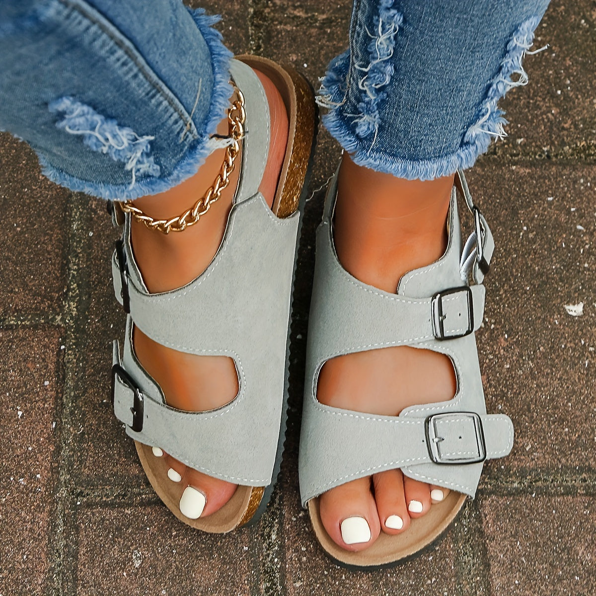 Women's Buckle Sandals Ankle Strap Flat Pink Shoes Summer