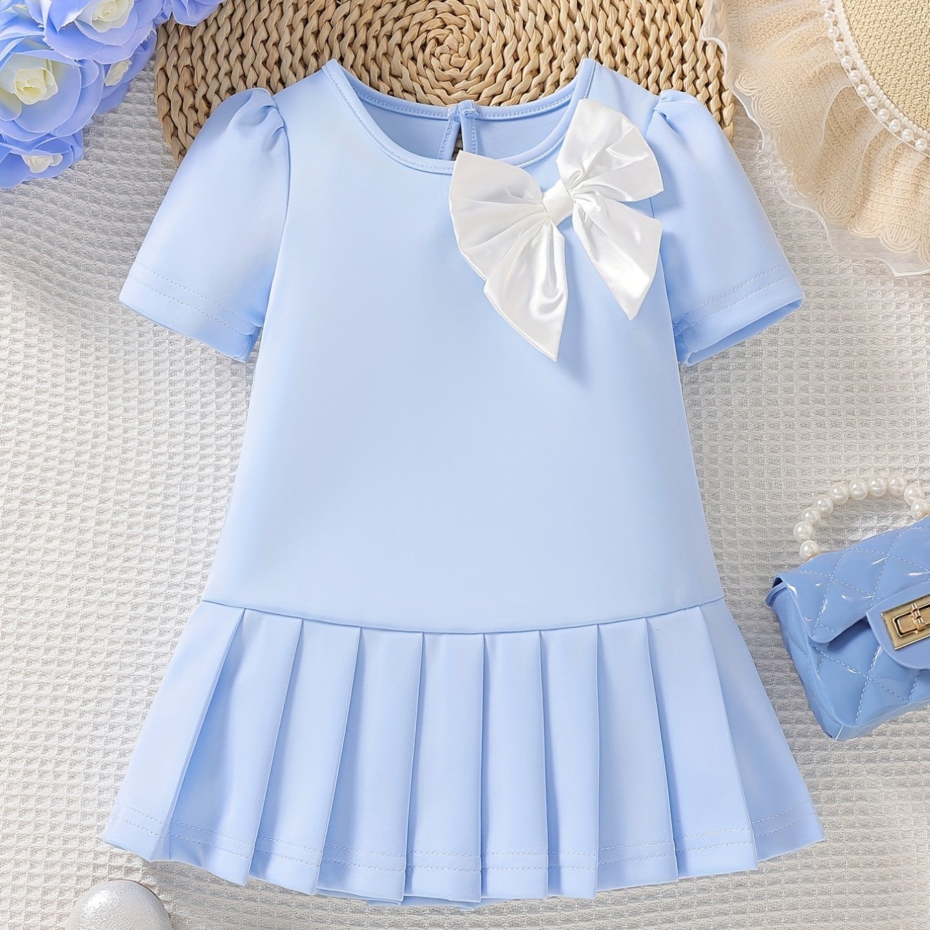 Baby Girls Block Bow Pleated Dress Princess Dress