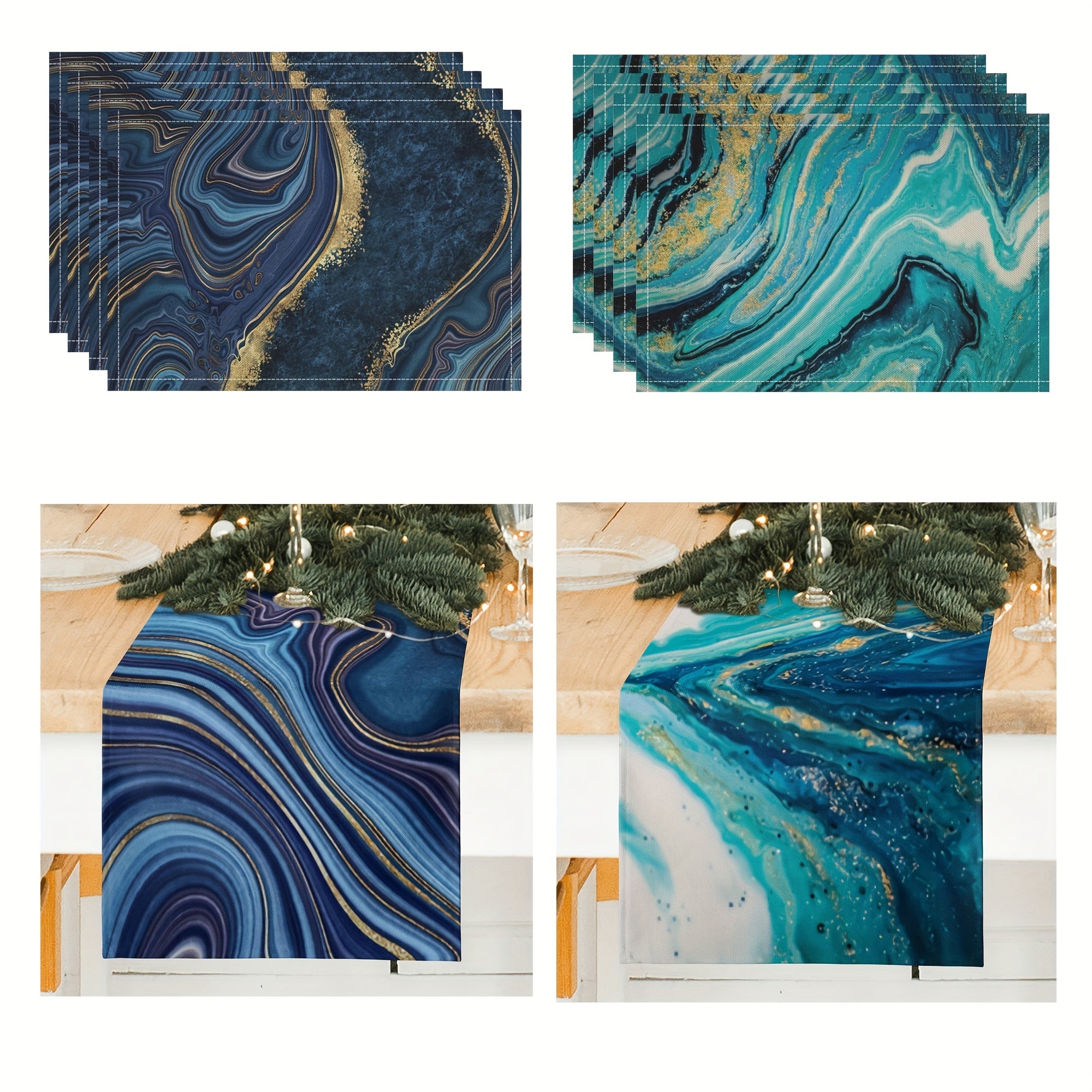 4pcs Golden Mable Placemats Table Runner Swirls Agate Table Mats Indoor Outdoor