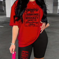 Casual Letter Print 2 Pc Set Crew Neck Tee & Shorts Outfit Women's Clothing
