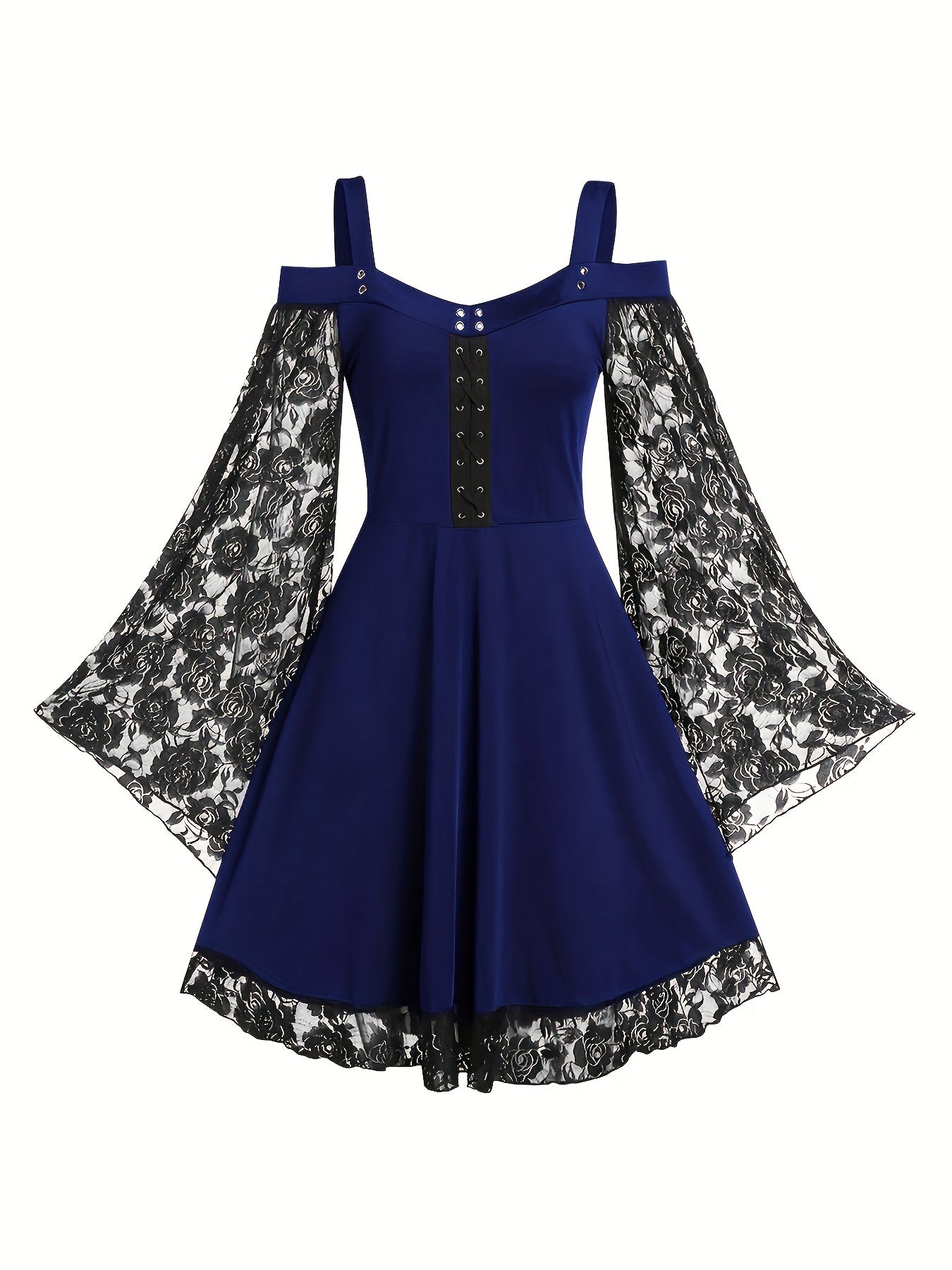Gothic Dress Contrast Lace Grommet Lace Up Cold Shoulder