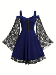 Gothic Dress Contrast Lace Grommet Lace Up Cold Shoulder