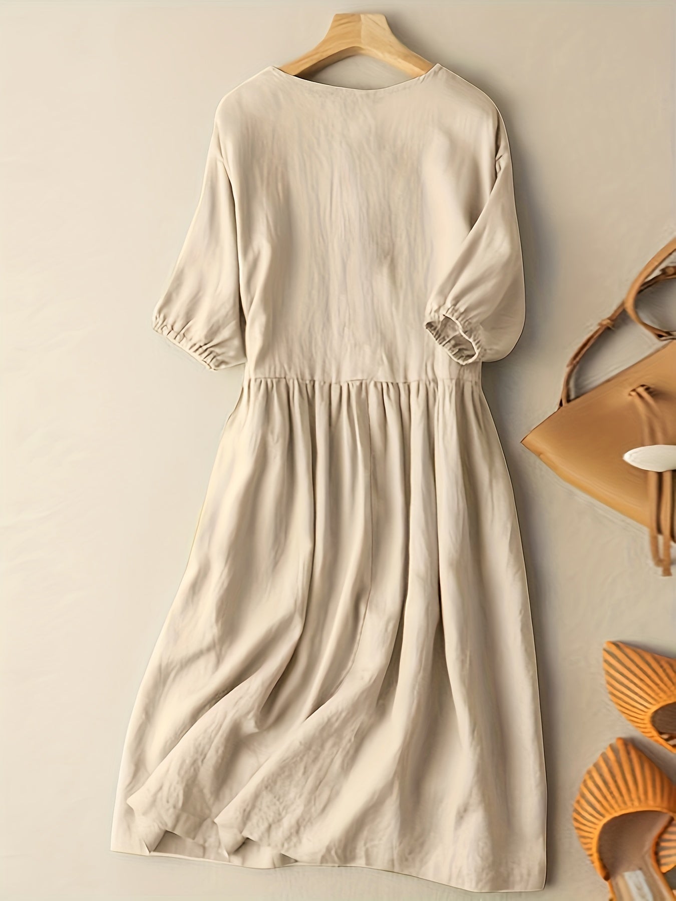 Solid Crew Neck Short Sleeve Dress for Women