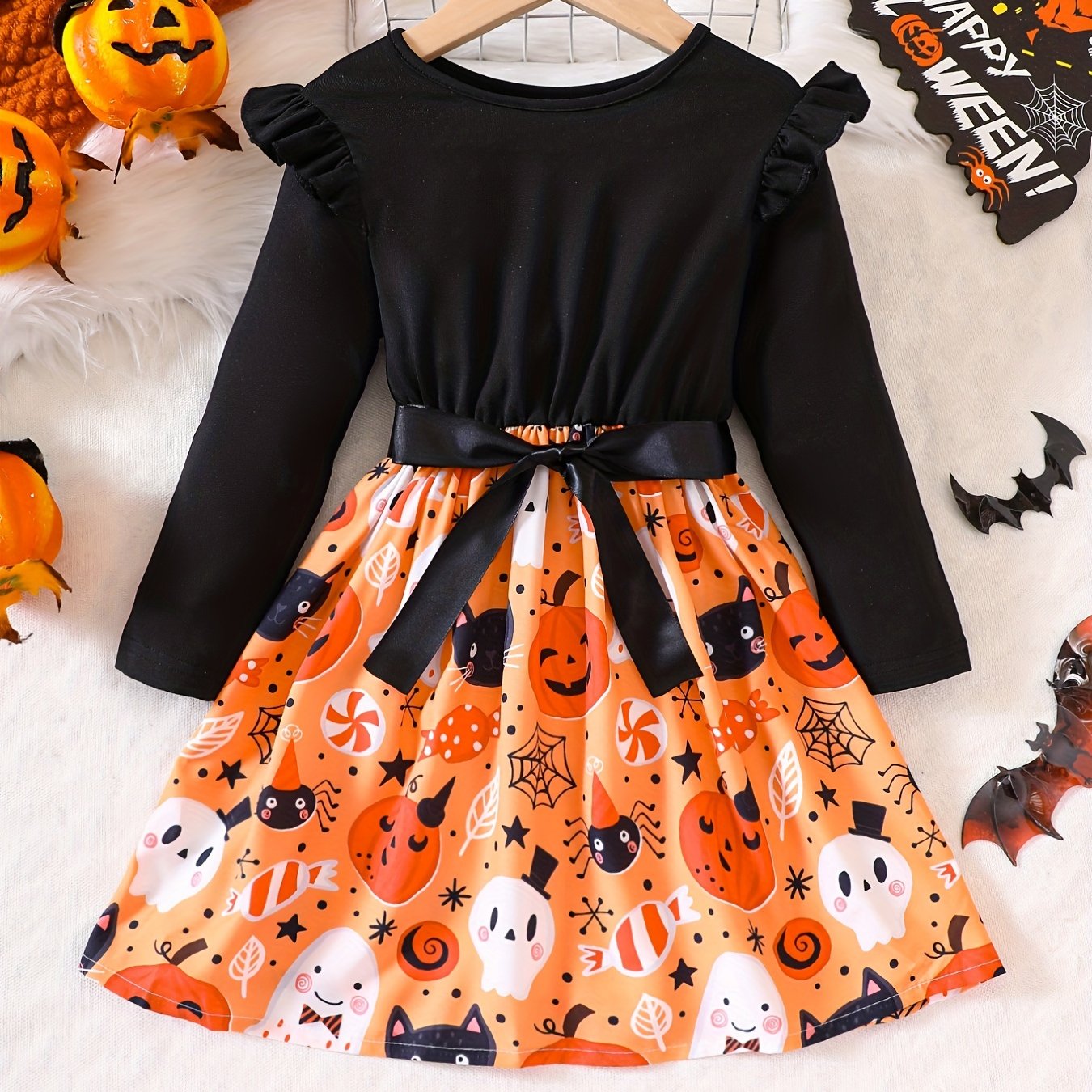Girls' Cute Pumpkin Halloween Dress Long Sleeve Tee Dress