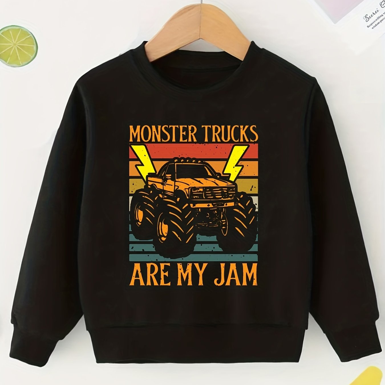 Colorful Monster Truck Print Boys Casual Pullover Sweatshirt