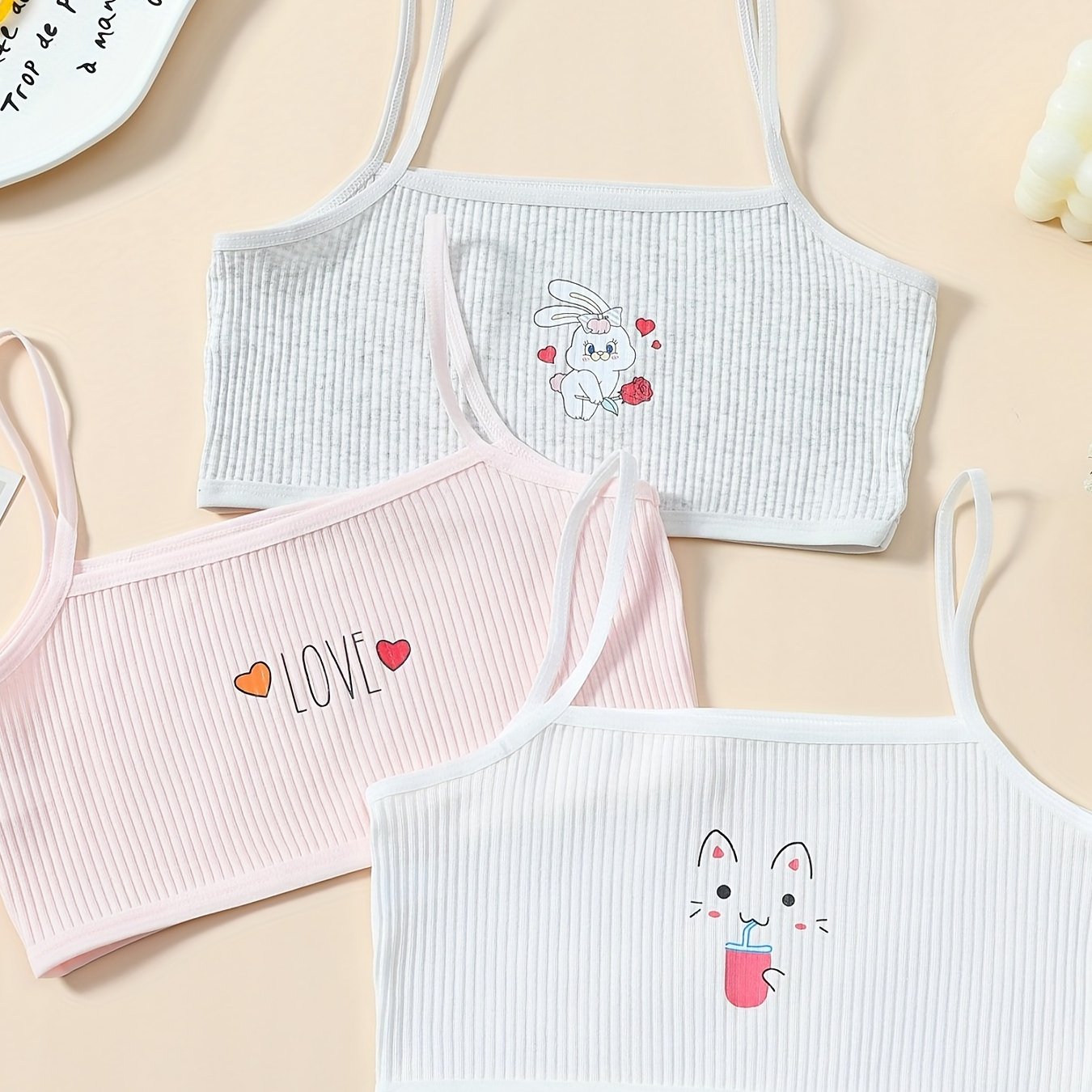 3pcs Girl's Elastic Soft Bras Cartoon Graphic Undershirts Set For 9-14 Years
