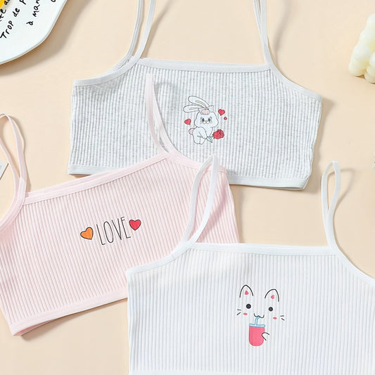 3pcs Girl's Elastic Soft Bras Cartoon Graphic Undershirts Set For 9-14 Years