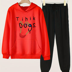 2pcs Dogs Print Hooded Outfit For Girls Hoodie & Comfy Pants Set
