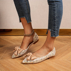 Women's Bowknot Ballet Flats Pointed Toe Tweed Slip On Shoes