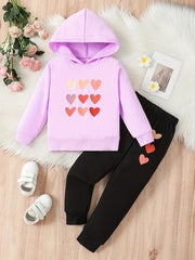 Girl's Heart Print Hoodie and Sweatpants Set Spring Fall Clothes
