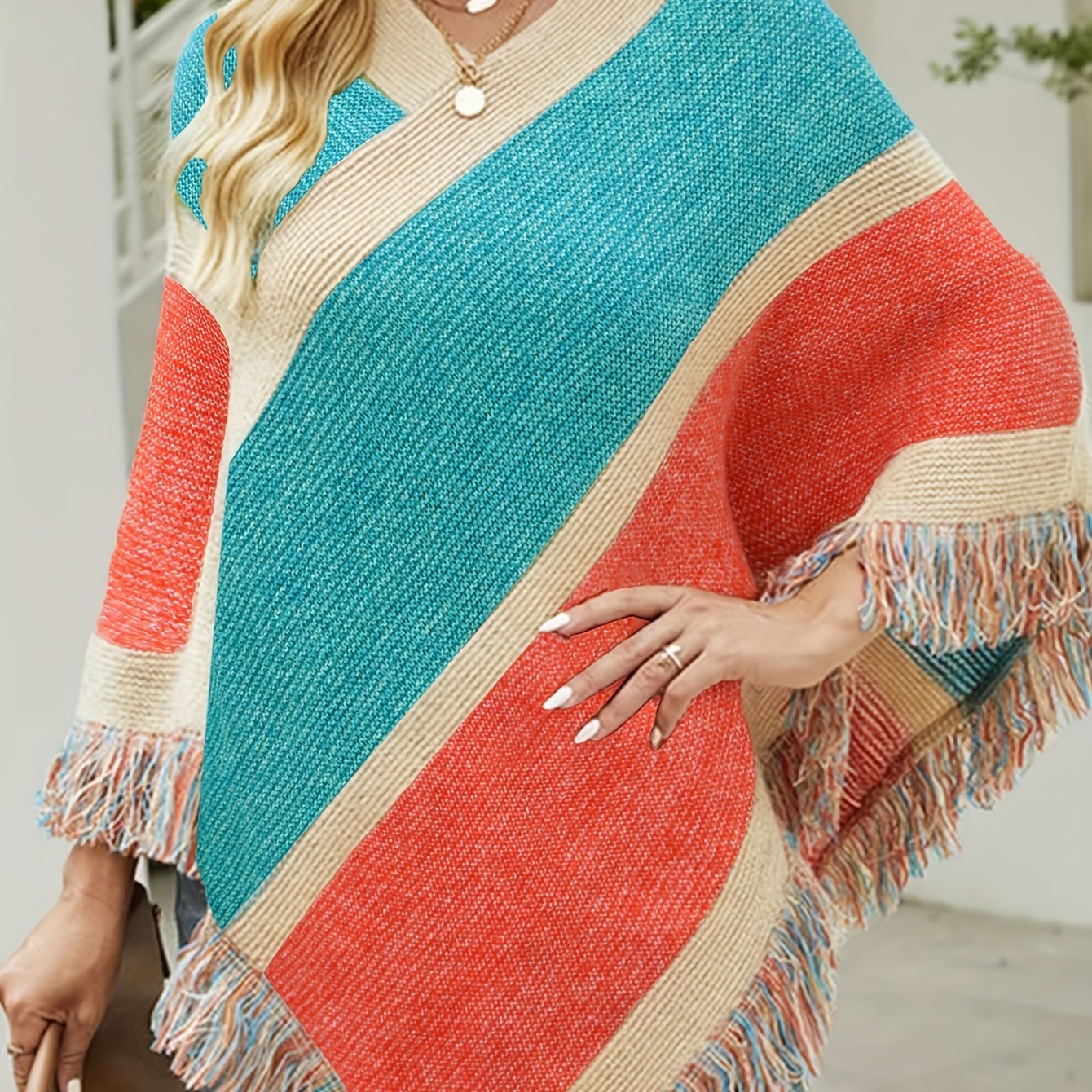 Boho Sweater Cape Sleeve Fringe Trim Shawl Jumper