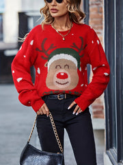 Christmas Pattern Knit Sweater Casual Crew Neck Long Sleeve Women's Clothing