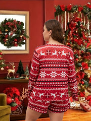 Christmas Pajama Set Elk & Snowflake Print Tee & Shorts Two Piece Set