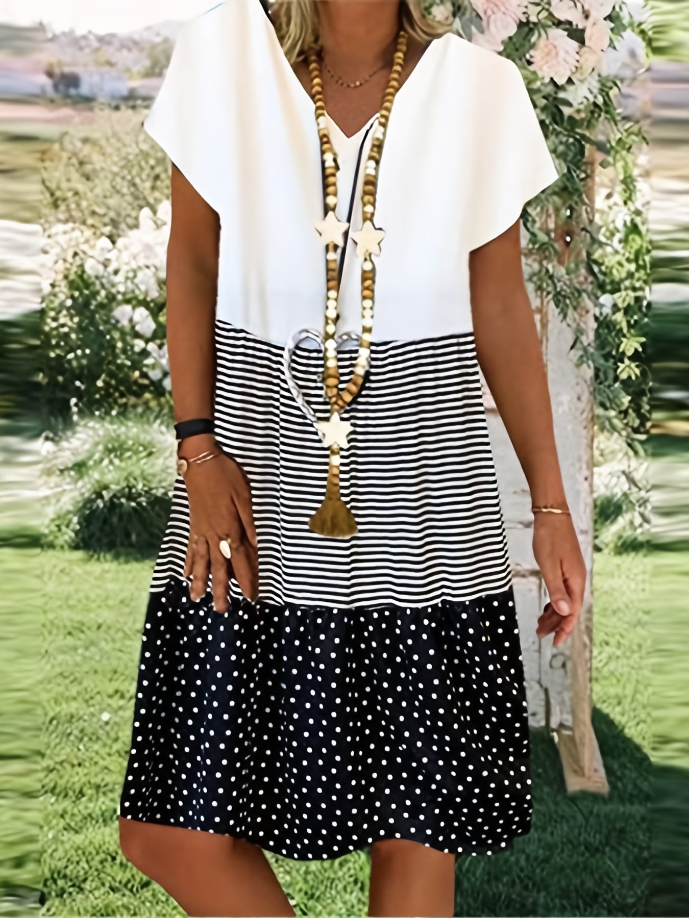 Colorblock Strip V Neck Dress