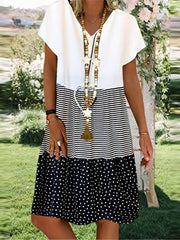 Colorblock Strip V Neck Dress