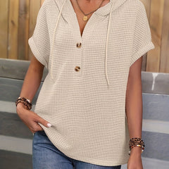 Solid Waffle Button Front Hoodie Casual Short Sleeve Drawstring Hoodies Top