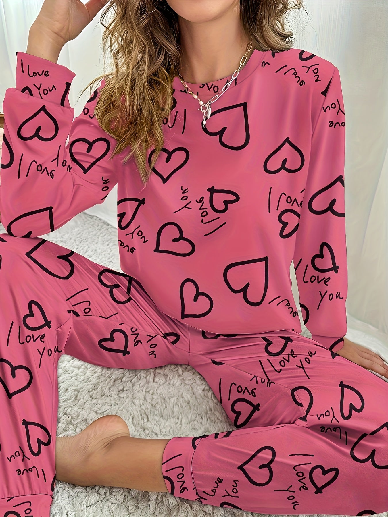 Heart Print Pajama Set Long Sleeve Crew Neck Top & Pants