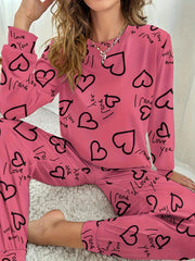 Heart Print Pajama Set Long Sleeve Crew Neck Top & Pants