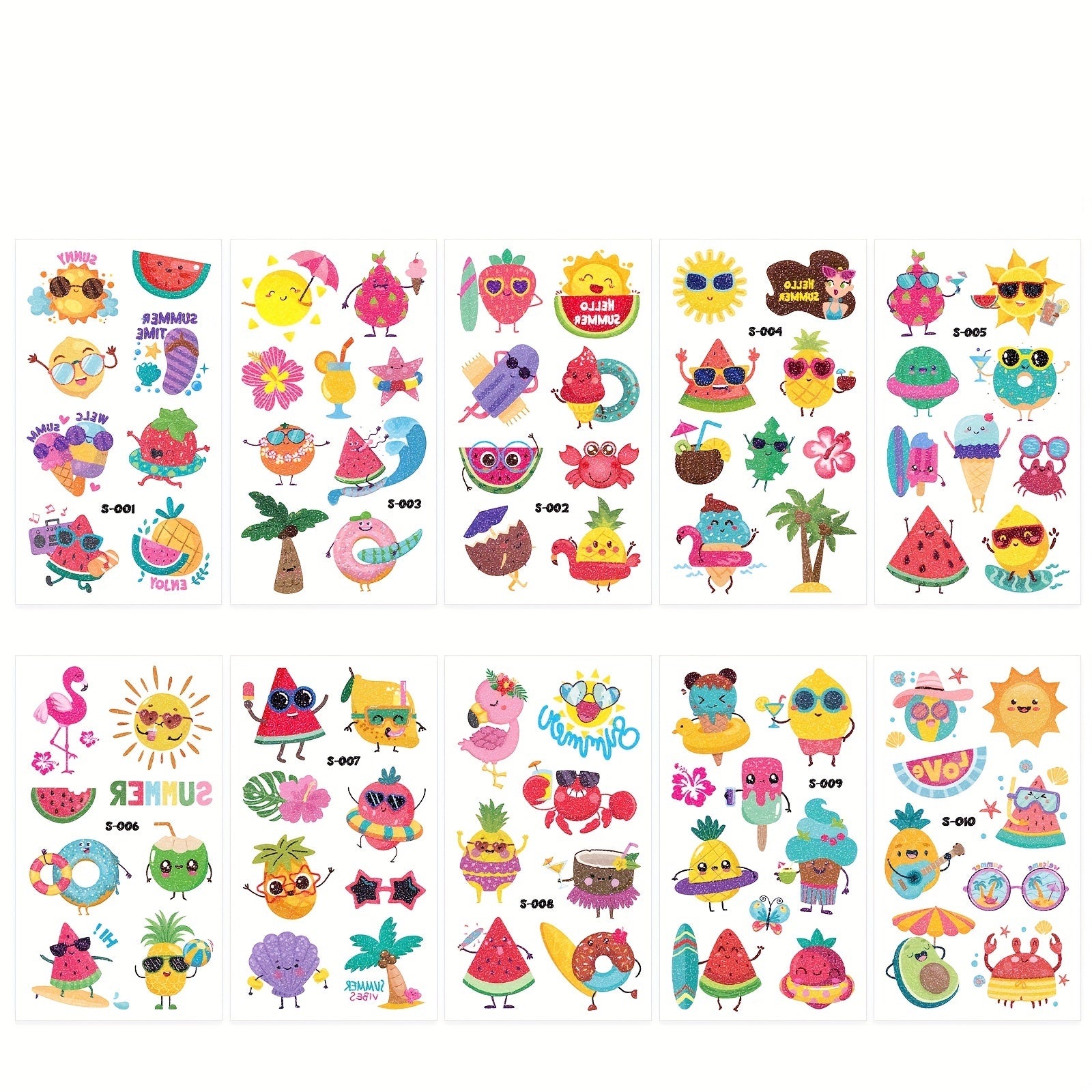 Kids Summer Party Glitter Temporary Tattoos - Set of 10 Sheets