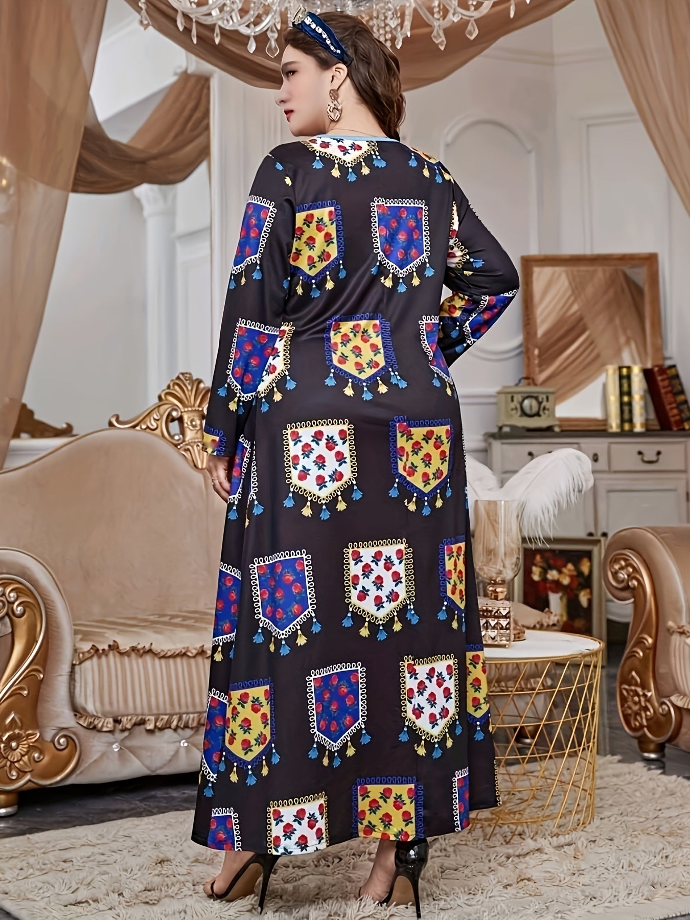 Abaya Dress Women's Plus Floral Print Long Sleeve
