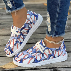 Love Heart Shape Baseball Pattern Flat Shoes Women's Shallow Mouth Casual Shoes