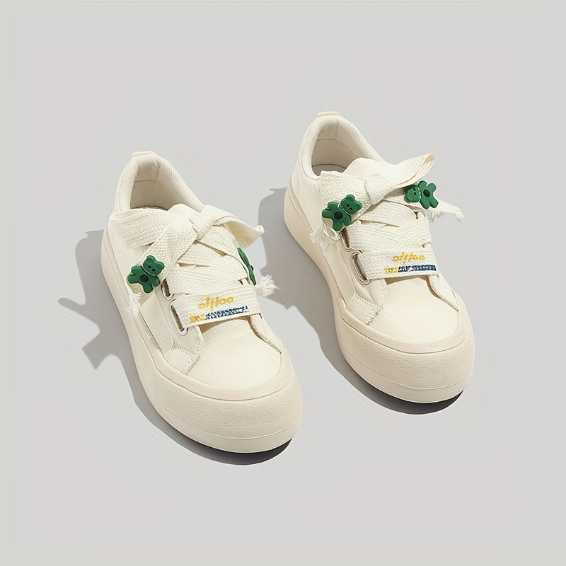 Women's Bear Decor Platform Canvas Sneakers Lace Up Skate Shoes