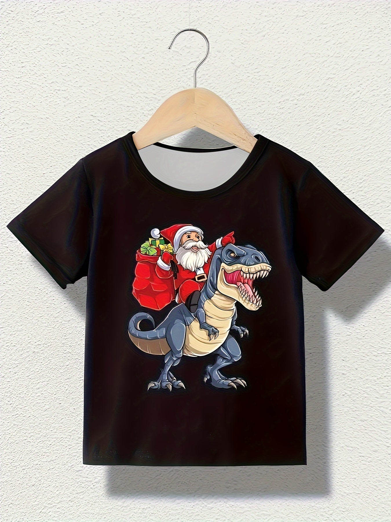 Santa & Dino Graphic Short Sleeve T shirt Girls Comfy Tees For Summer