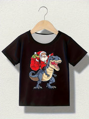Santa & Dino Graphic Short Sleeve T shirt Girls Comfy Tees For Summer
