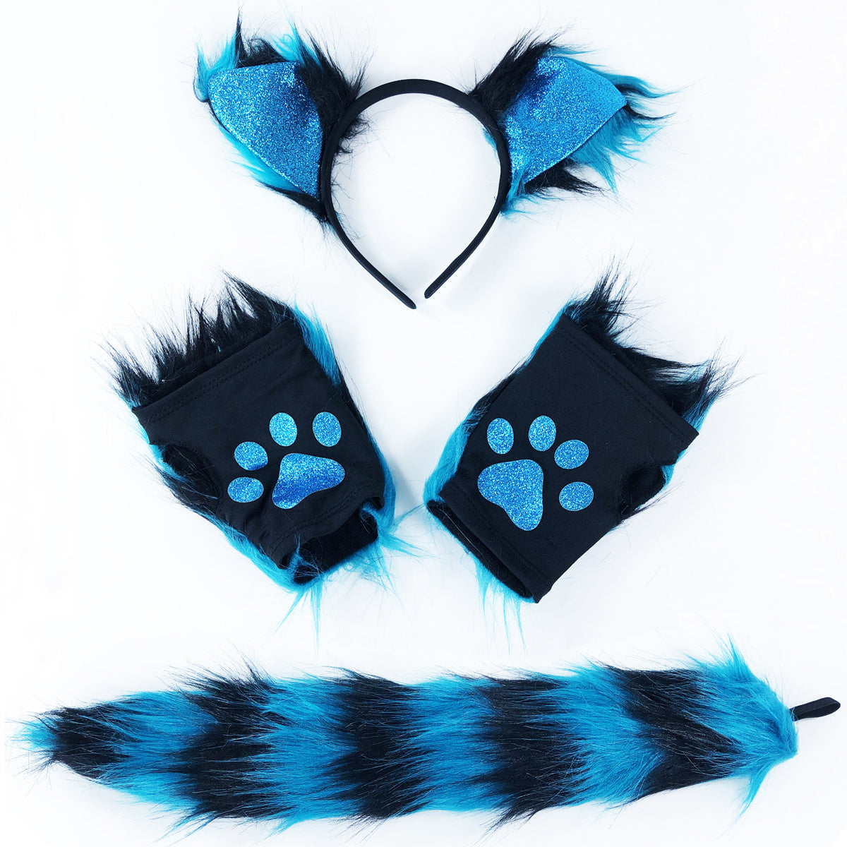 Cat Wolf Fox Tail Faux Fur Headband Paw Gloves Set Adults Children Fancy Party
