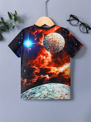 Boy's Space Print Graphic T-shirt Kids Summer Tee