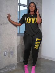 Love Print Short Sleeve Top & Pants Set Women's Plus Sport