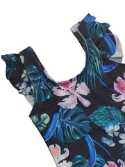 Toddler Girls Floral Ruffle Trim One Piece Swimsuit