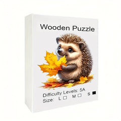 Hedgehog & Maple Leaves Wooden Puzzle Unique Shape