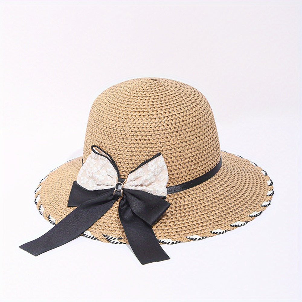 Women's Lace Satin Bow Sun Hat Wide Brim Straw Hat