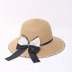 Women's Lace Satin Bow Sun Hat Wide Brim Straw Hat