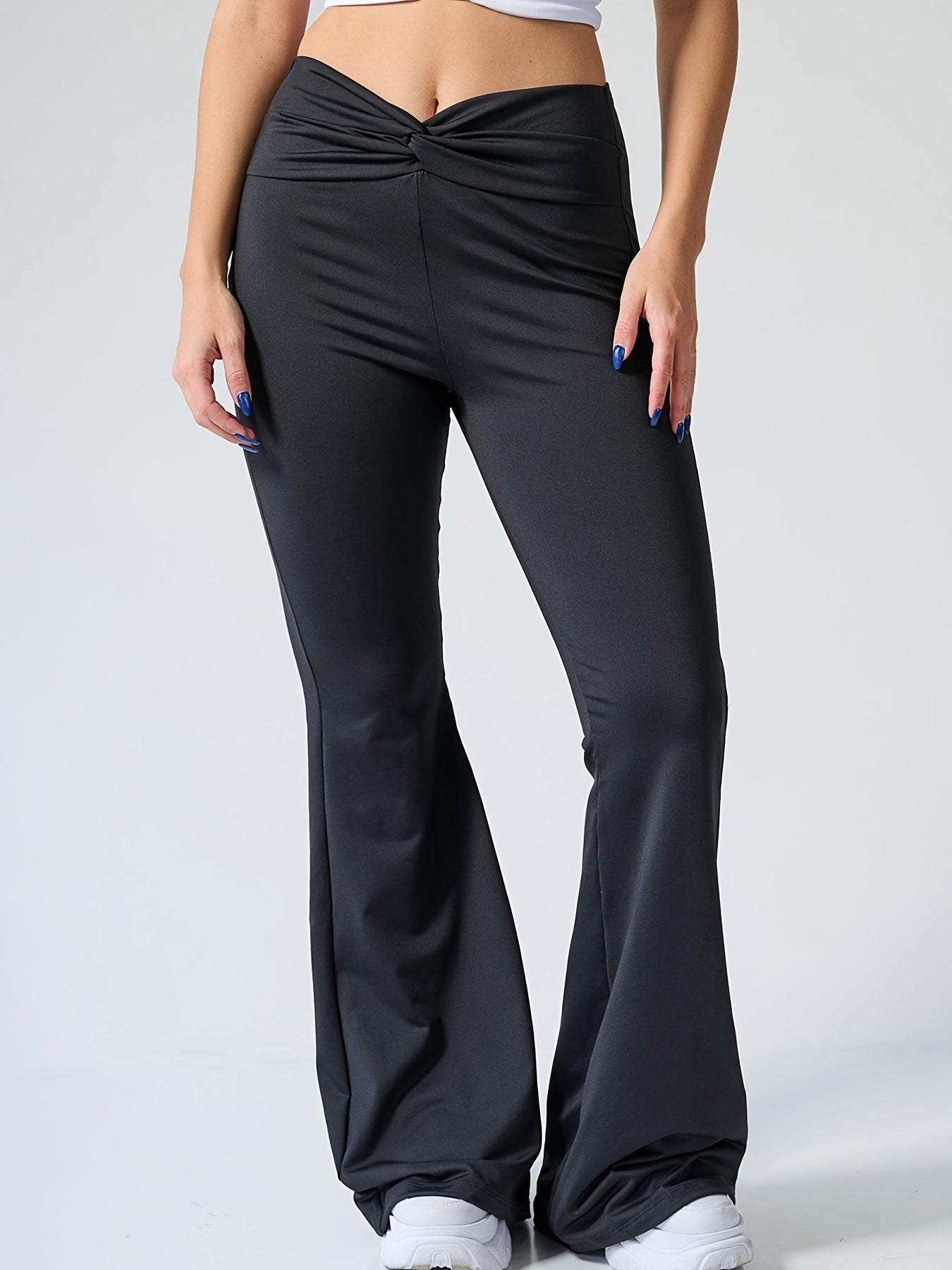 Ruched Waist Flare Leg Pants Solid Casual Workout Running Flared Leggings
